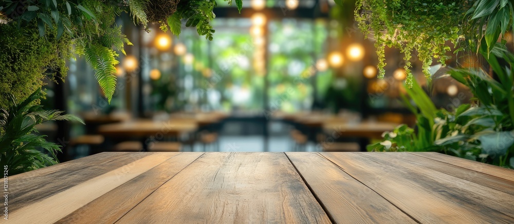 Aufkleber Wooden table in the foreground with a blurred indoor garden setting featuring green foliage and warm lights creating an inviting ambiance for displays