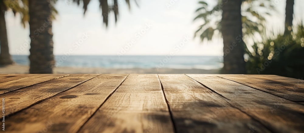 Poster empty wooden table in the foreground with blurred ocean beach view and palm trees in soft sunlight c