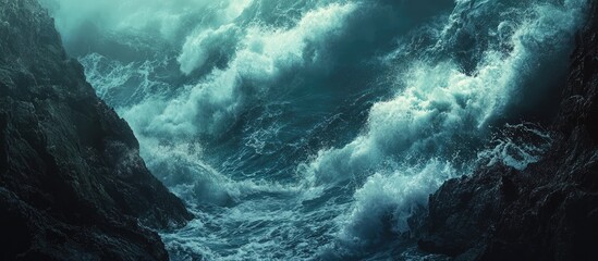 Rugged shoreline with dynamic ocean waves crashing in shades of deep blue and turquoise creating mist and froth, captivating power of nature.
