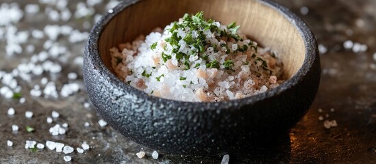 Coarse sea salt mixed with fresh green herbs in a textured black bowl positioned centrally on a rustic wooden surface creating a gourmet presentation.