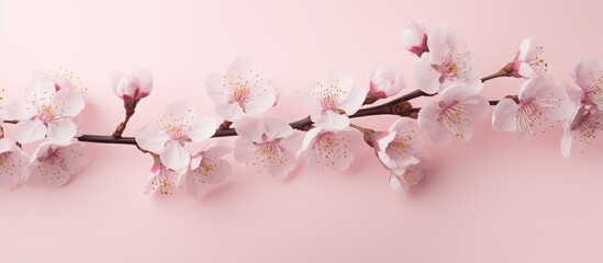 Fototapeta premium Delicate cherry blossom branch on soft powder pink background with ample copy space featuring pastel pink hues and intricate floral details