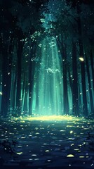 A mystical forest glowing softly in shades of teal and purple. Radiant trees with translucent leaves tower above, while streams of liquid stardust wind through the forest floor, reflecting the 