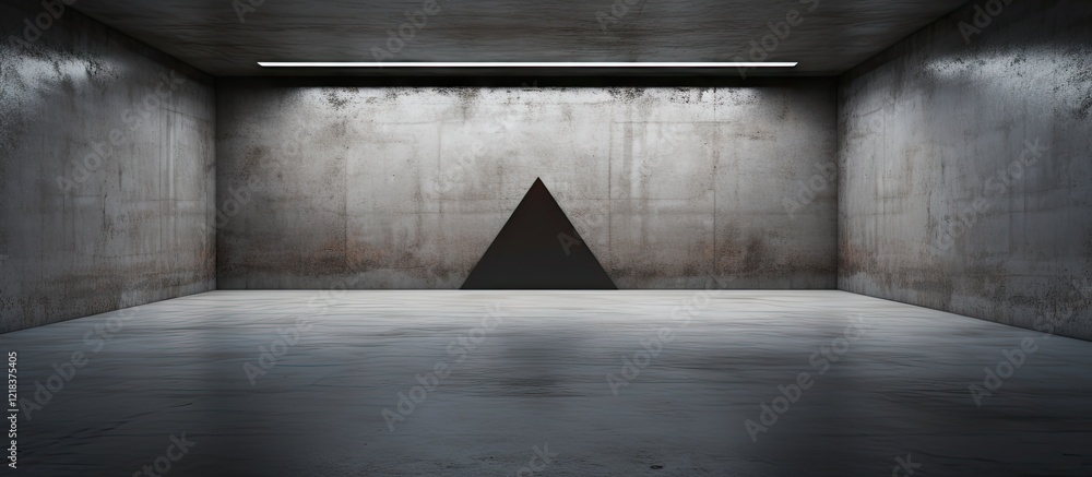 Fototapete Dark concrete room interior with a central black triangular shape, illuminated by soft overhead lighting, creating a minimalist architectural aesthetic.