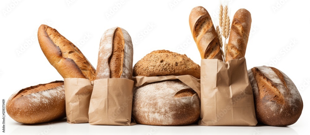 Poster assorted fresh breads in brown kraft paper bags arranged on a white background showcasing various te