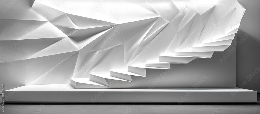 Poster abstract geometric white stairs with angular folds and soft shadows, creating a dynamic interplay of