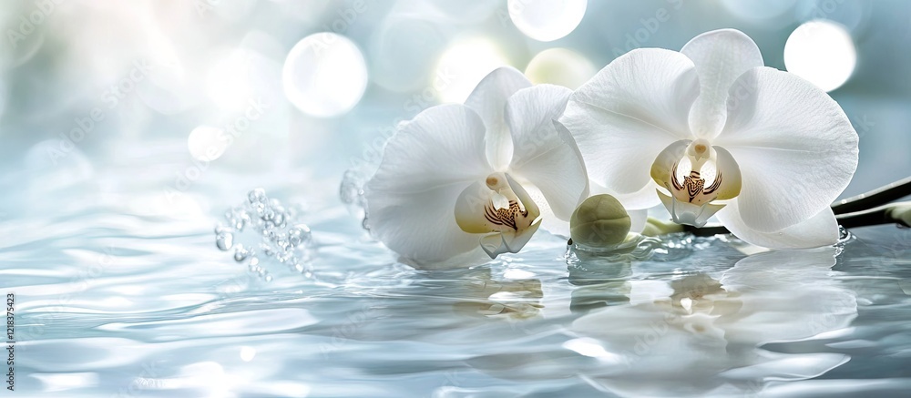 Fototapete Serene spa scene with floating white orchids on rippling water background in soft blue tones creating a tranquil and calming atmosphere.