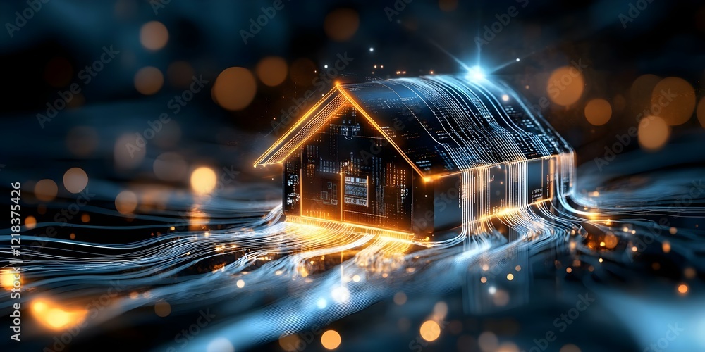 Poster a futuristic digital house surrounded by glowing circuits and flowing light patterns, symbolizing ad