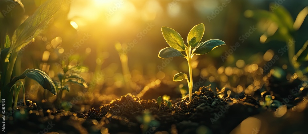 Aufkleber bright green seedling emerging from dark soil, illuminated by golden sunlight in a soft focus backgr