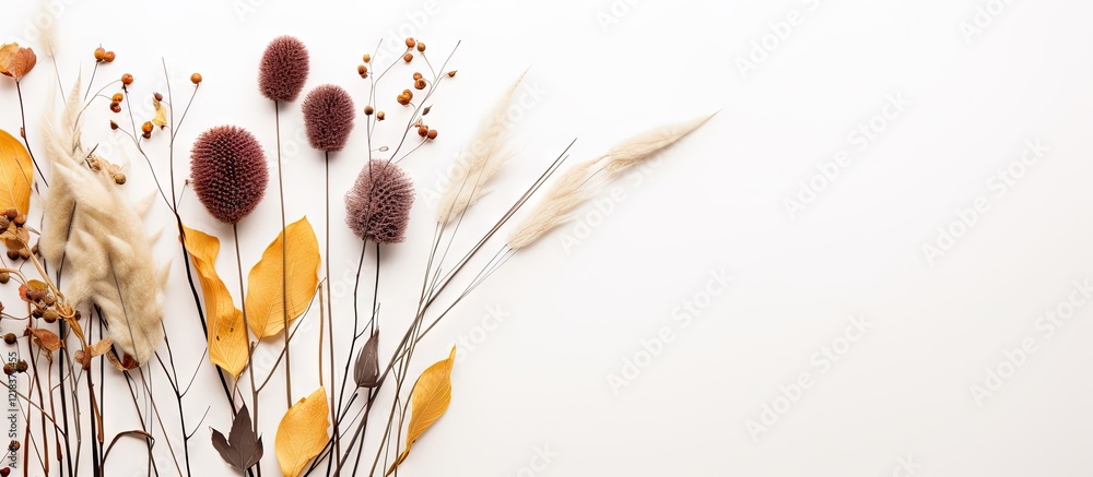 Poster Eucalyptus branches and dried flowers with warm tones arranged on a white background, featuring soft textures and a balanced composition on the left.