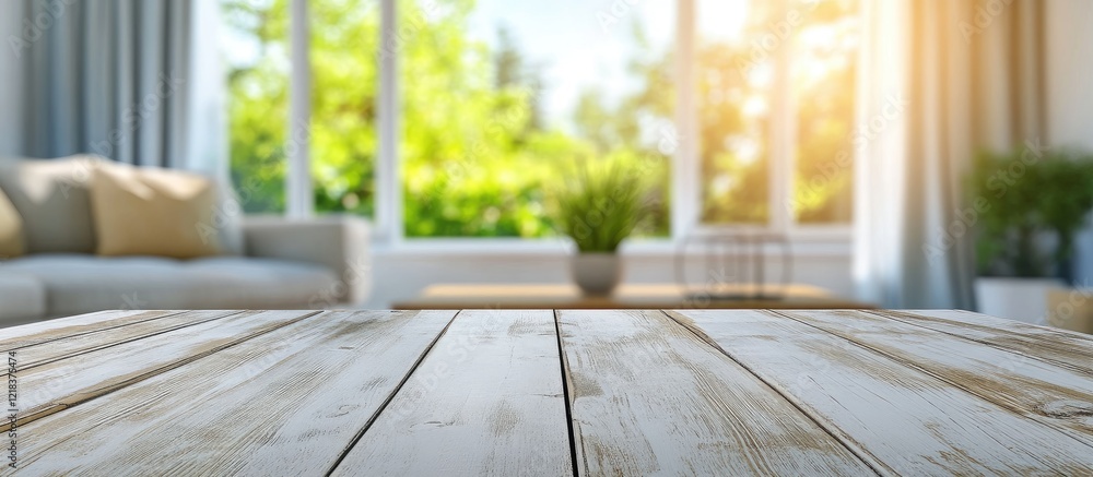 Poster bright wooden table in foreground with green foliage in blurred background sunlight streaming throug