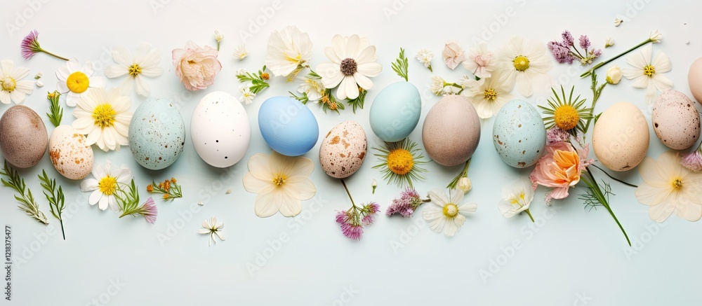 Poster easter celebration flat lay featuring pastel colored eggs and assorted flowers on a soft blue backgr