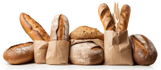 Assorted fresh breads in brown kraft paper bags arranged on a white background showcasing various textures and shapes emphasizing rustic bakery appeal.