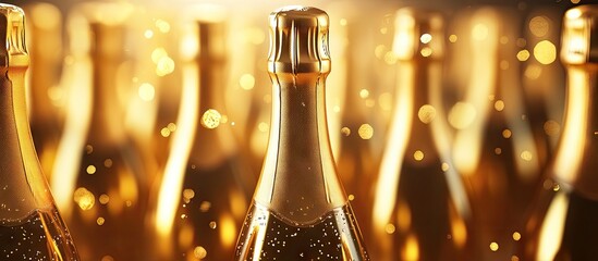 Golden champagne bottles with shiny caps, elegantly arranged in the foreground, sparkling bokeh background, perfect for luxury celebration themes.