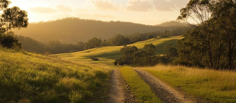 Sunlit dirt path winding through lush green hills under a golden sky with distant mountains contrasting the vibrant landscape inviting exploration