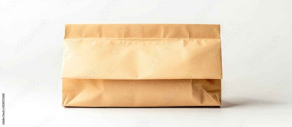 Poster brown paper bag with realistic folds positioned centrally on a crisp white background, showcasing it