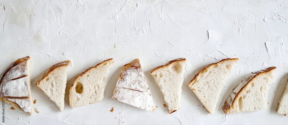 Poster slices of freshly baked bread arranged neatly on a clean white backdrop emphasizing their golden cru