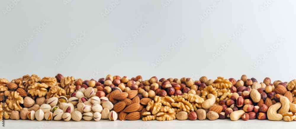 Poster Variety of nuts displayed in an organized row on a light neutral background with earthy tones creating a visually appealing culinary composition