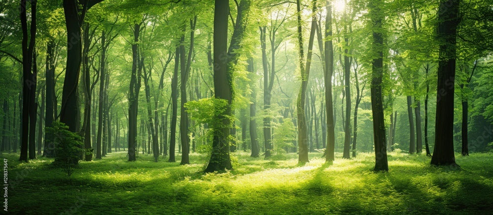 Poster Lush green forest with tall trees illuminated by sunlight filtering through foliage creating serene natural background with soft shadows on grass.