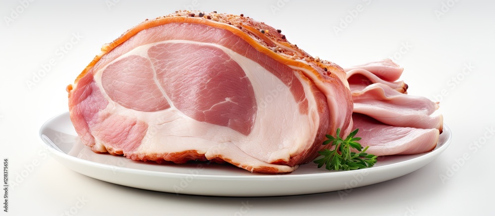 Poster sliced pork ham on a white plate with a white background showcasing pink and reddish hues and green 