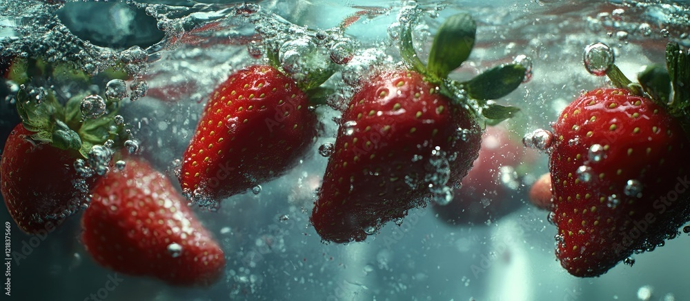 Poster fresh red strawberries submerged in clear water with bubbles creating a vibrant and refreshing scene