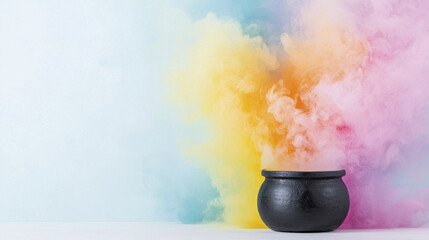 bubbling cauldron emits colorful smoke, creating magical atmosphere
