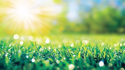Obraz premium Dewdrop on grass reflecting sunlight in a fresh nature scene