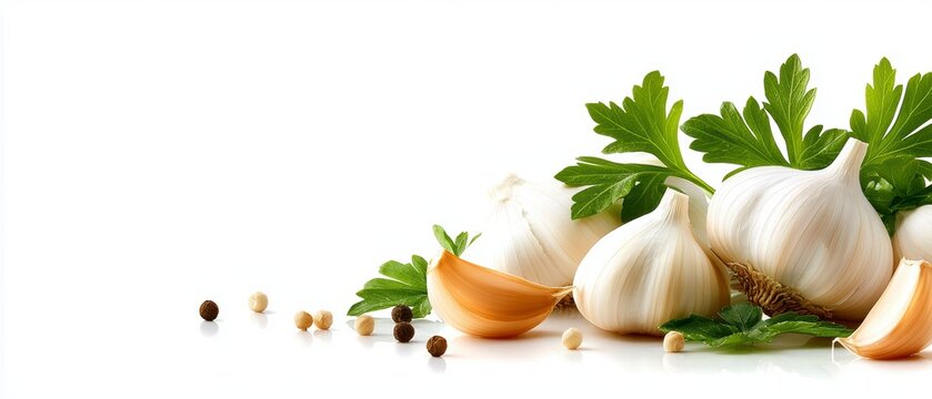Fresh Garlic Bulbs with Parsley and Peppercorns