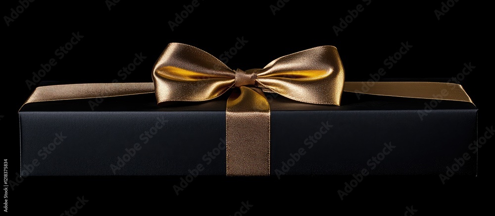 Poster elegant black gift box with a luxurious gold bow centered on a black background conveying sophistica