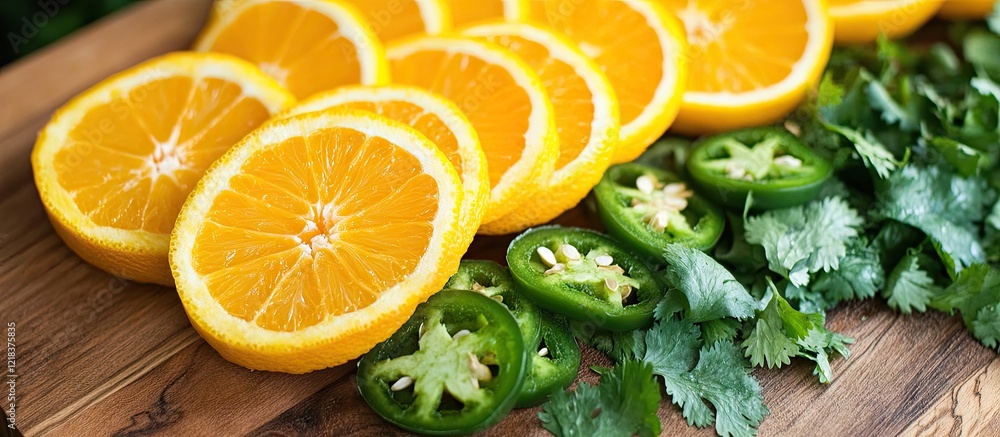 Poster vibrant display of fresh orange slices, green jalapeno slices, and cilantro arranged on a rustic woo