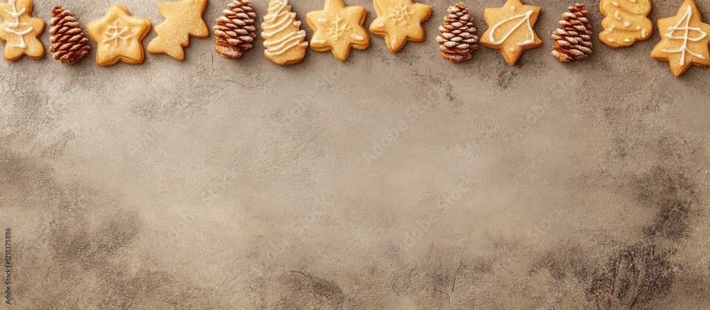 Aufkleber festive border of holiday cookies in assorted shapes on a textured gray background with ample copy s