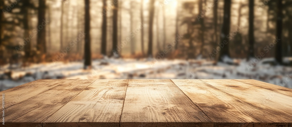 Poster Serene empty wooden table in foreground with soft blurred winter forest backdrop featuring warm sunlight filtering through snowy landscape