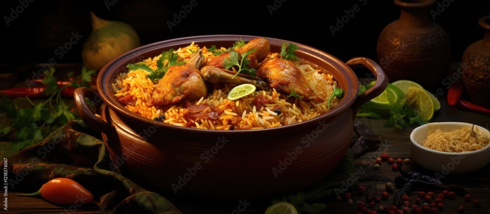 Poster vibrant chicken biryani served in a clay pot with spices and garnished with herbs, surrounded by fre