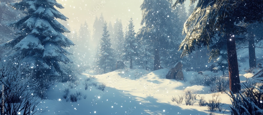 Poster serene winter forest landscape with snow-covered fir and pine trees in soft blue and white hues crea