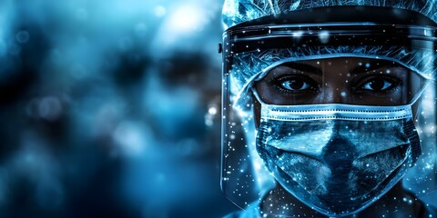 A medical professional wearing personal protective equipment, including a mask and face shield, in a blue-toned environment. Concept Medical Professional, Personal Protective Equipment, PPE