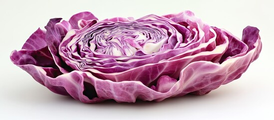 Vibrant purple cabbage isolated on a white background showcasing intricate layers and textures, highlighting the freshness and appeal of vegetables.