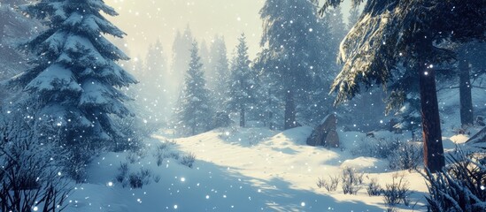 Serene winter forest landscape with snow-covered fir and pine trees in soft blue and white hues creating a tranquil scene of winter magic