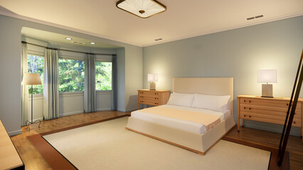 Elegant and serene bedroom interior design meticulously crafted as a 3D render. This visualization showcases a comfortable and stylish sleeping space, featuring a plush king-size bed with soft linens