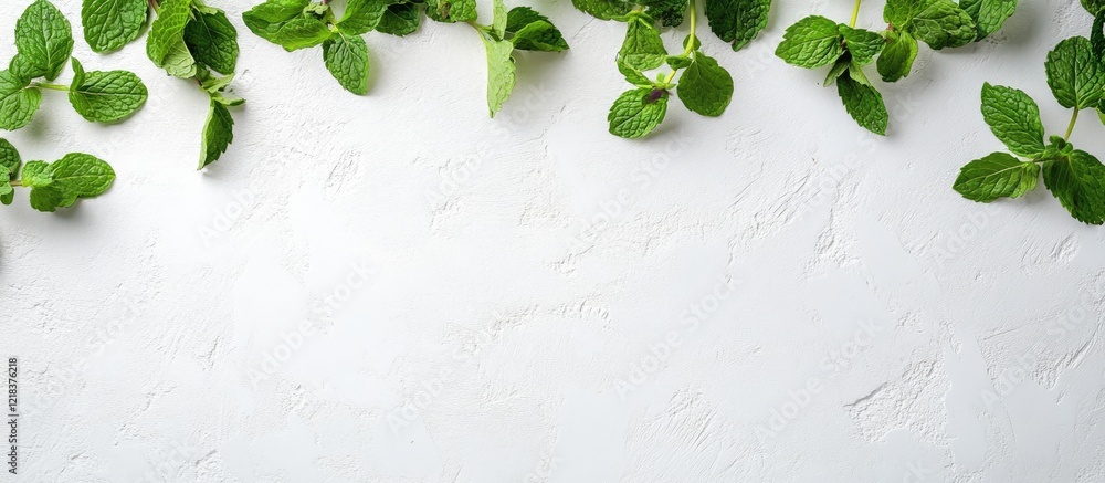 Poster vibrant fresh mint leaves arranged in a cluster on a clean white background from a top view perspect