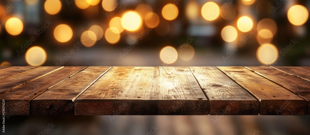 Aufkleber wooden table foreground with rich brown tones against a blurred golden beach background featuring so