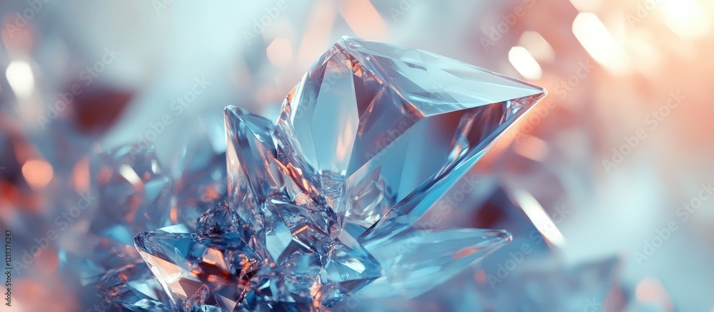 Poster Crystal-like structures in shades of blue and pink against a light background, highlighting intricate forms and shimmering details in digital artistry.
