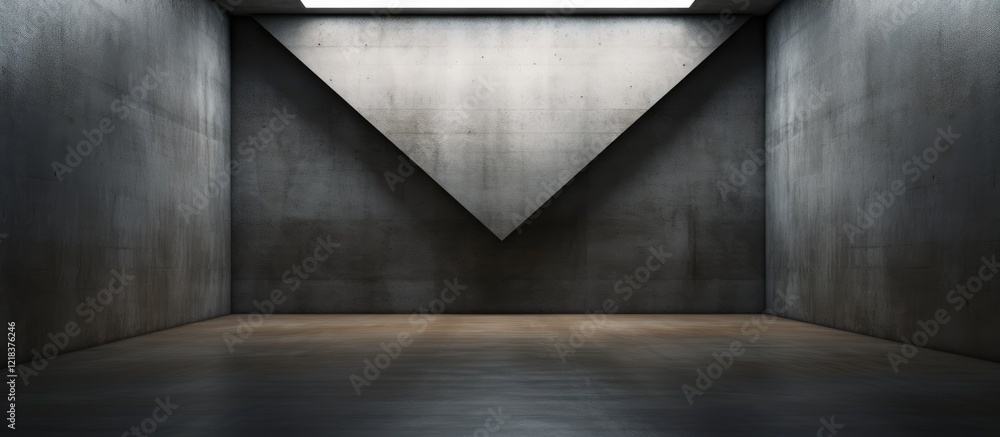 Aufkleber empty dark concrete room with triangular features in the back wall, dim lighting highlighting the te