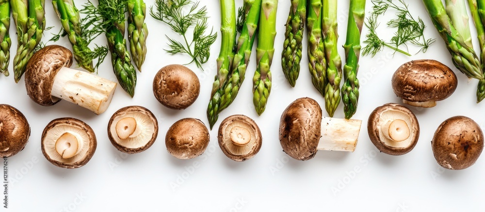 Poster brown mushrooms sliced alongside vibrant green asparagus spears and fresh herbs on a clean white bac
