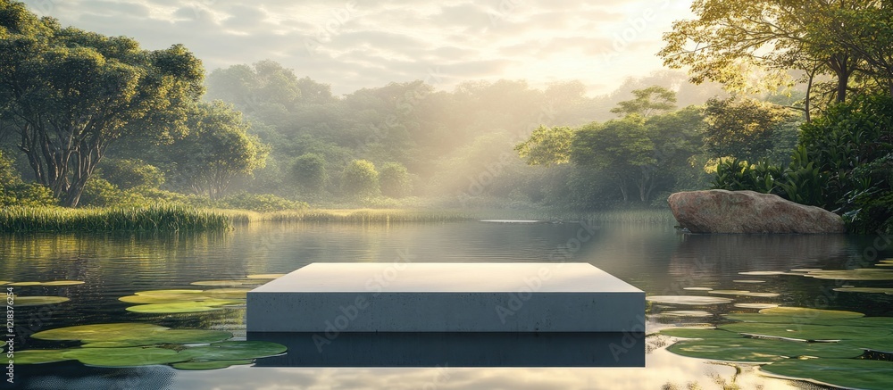 Aufkleber serene landscape featuring a reflective podium on calm water surrounded by lush greenery and soft mo