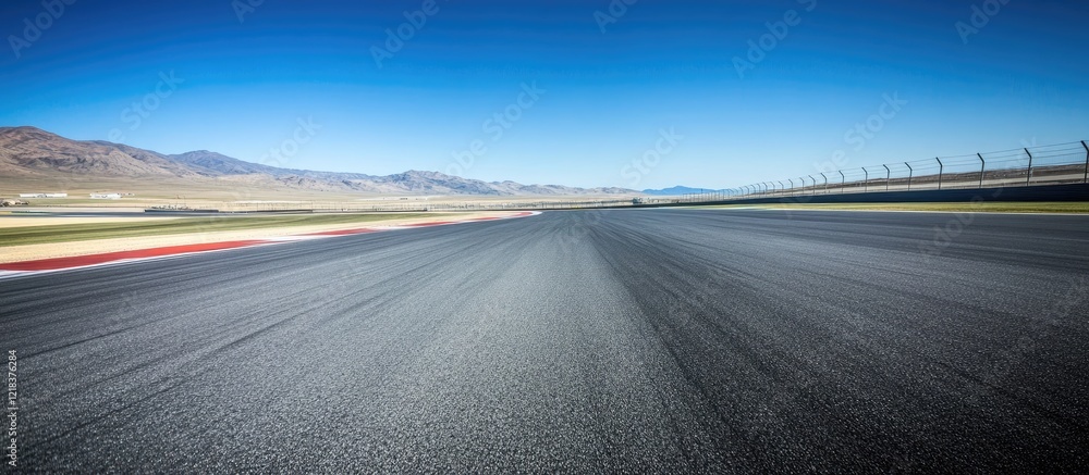 Poster vast empty race track stretches into distance under bright blue sky showcasing smooth asphalt surfac