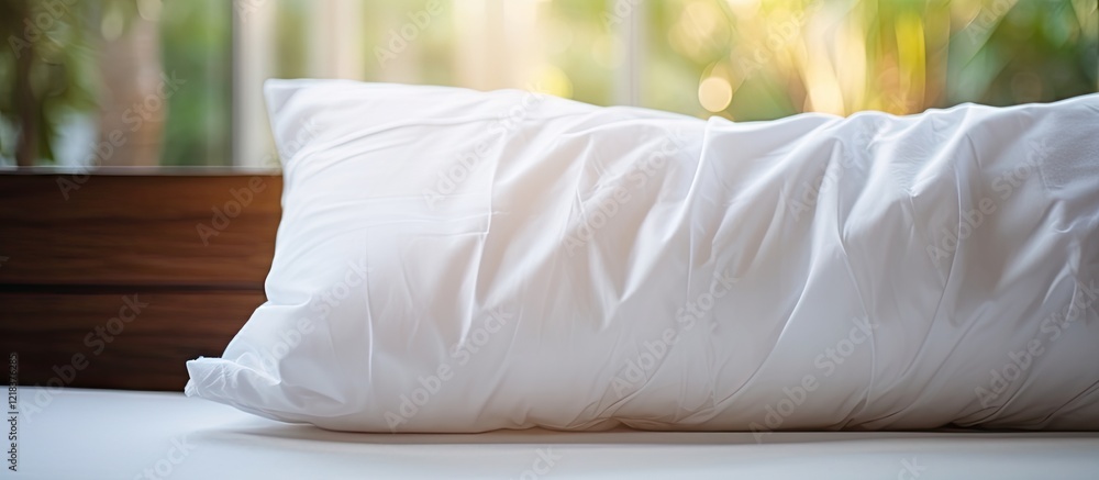 Poster crumpled white pillow positioned on a tranquil bed with a soft blurred green background providing am
