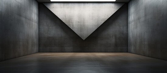 Empty dark concrete room with triangular features in the back wall, dim lighting highlighting the textured surfaces and floor reflections.