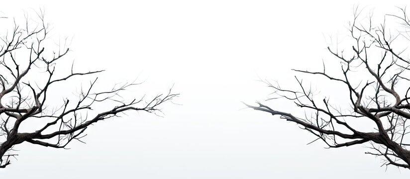 Dry branches of a tree in black positioned symmetrically on a soft gradient white background creating a stark and artistic contrast