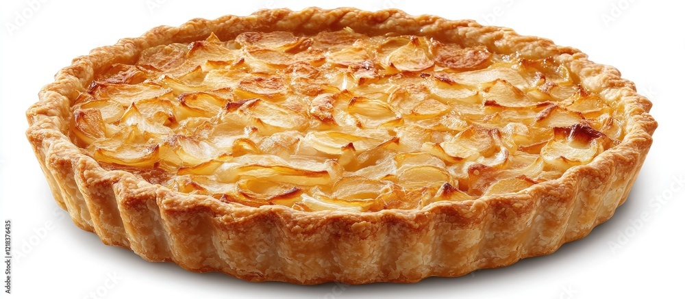 Aufkleber Golden crust onion pie with flaky texture displaying thinly sliced onions beautifully arranged on top, set against a clean white background.