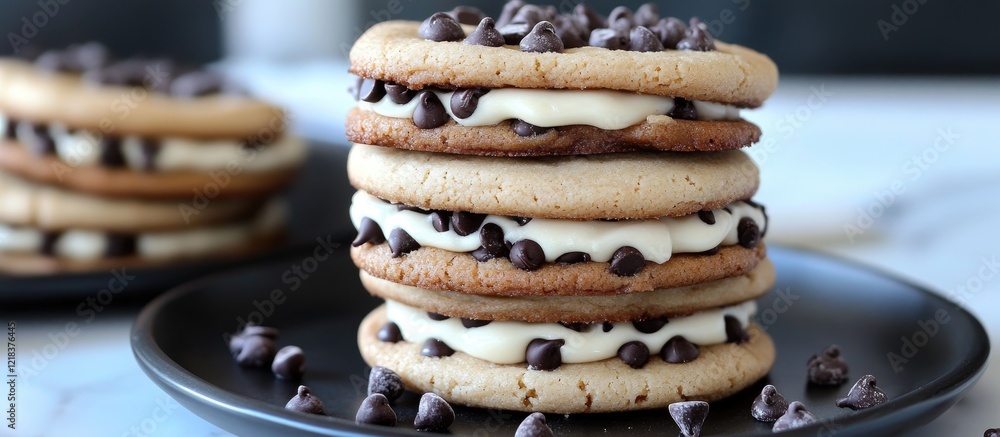 Poster stack of large vanilla chocolate chip cookies with creamy filling and chocolate chips on a black pla