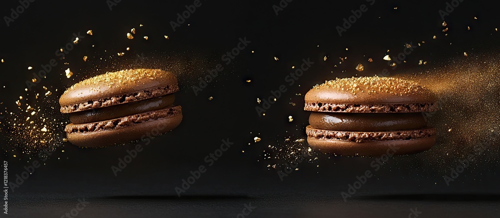 Poster Elegant chocolate macarons with gold powder on a dark background, floating with cocoa dust creating a luxurious and refined dessert presentation.
